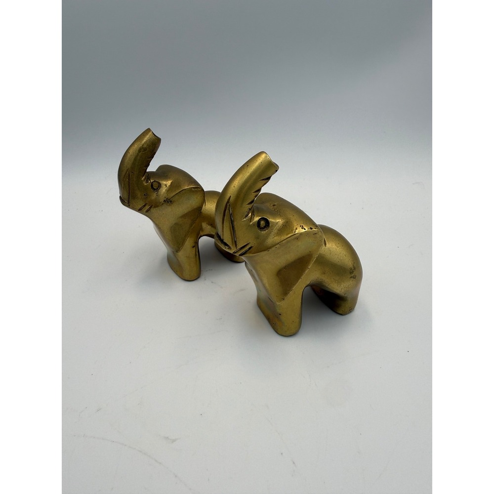 Vintage Solid Brass Elephant Figurines Pair Trunks Up Good Luck Statues 4 Inch